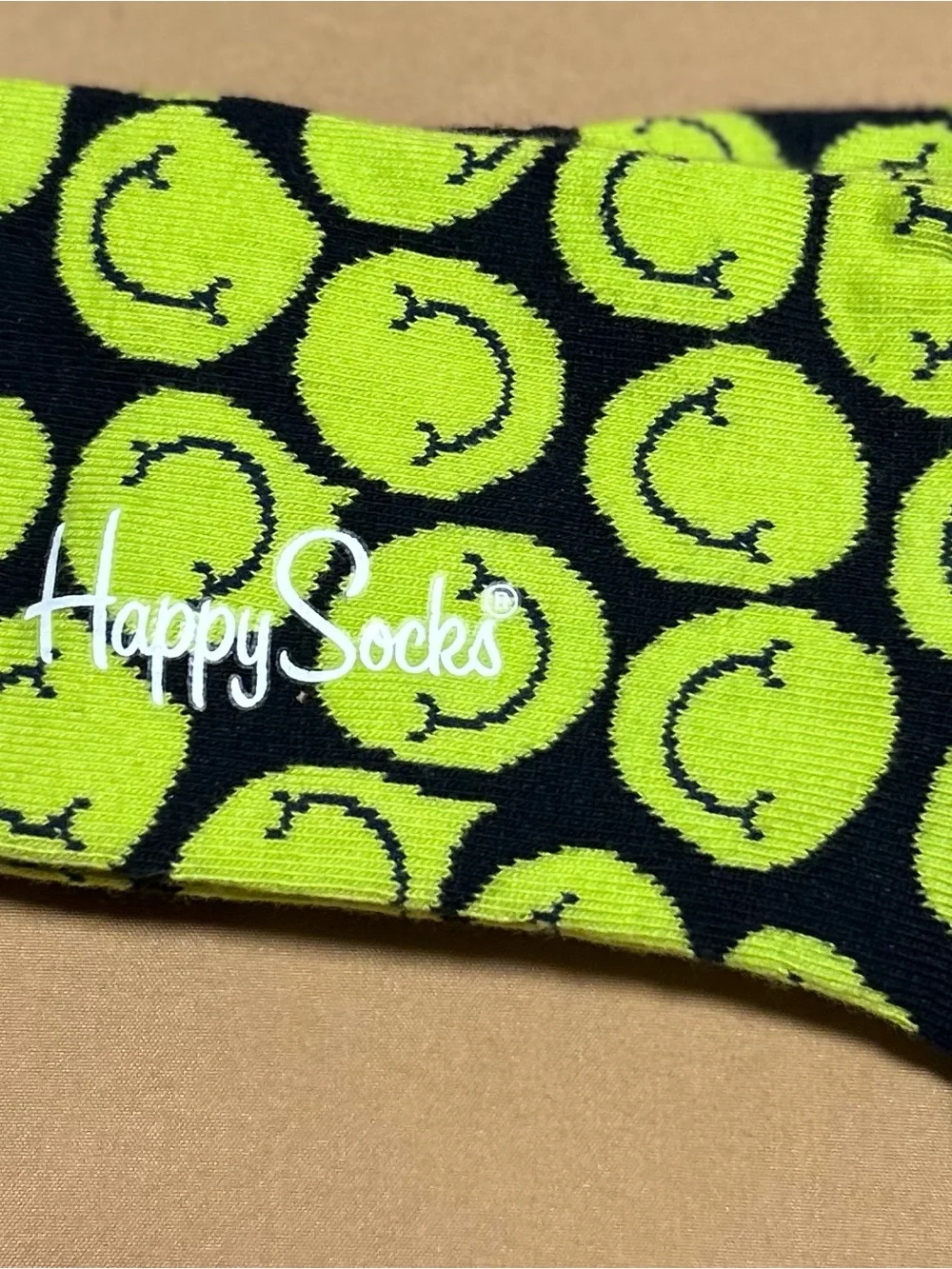 Happy Socks Black & Neon Green Smiley Pattern Crew Socks